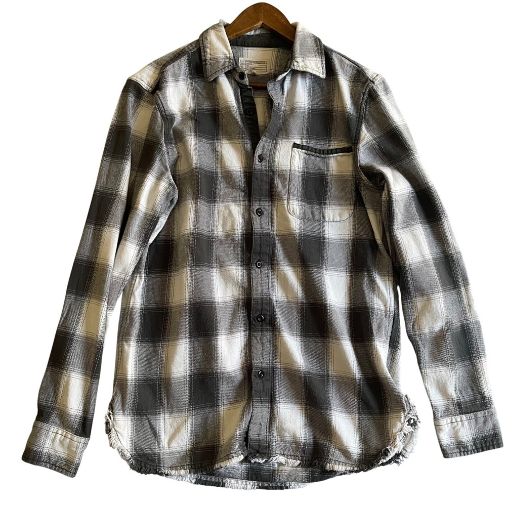 Current/Elliott Button Down Mens M Black White Plaid Frayed Hem Flannel Shirt